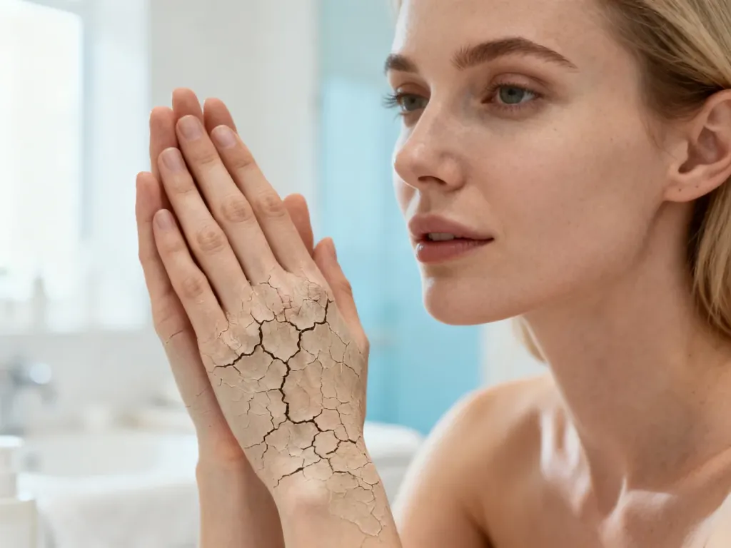 Zbliżenie na dłonie z wyraźnie wysuszoną i popękaną skórą w jasnym, kojącym otoczeniu przypominającym salon spa.