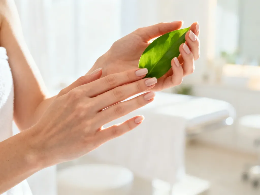 Zadbane dłonie kobiety dotykające zielonego liścia w jasnym, relaksującym wnętrzu spa, podkreślające naturalną pielęgnację.